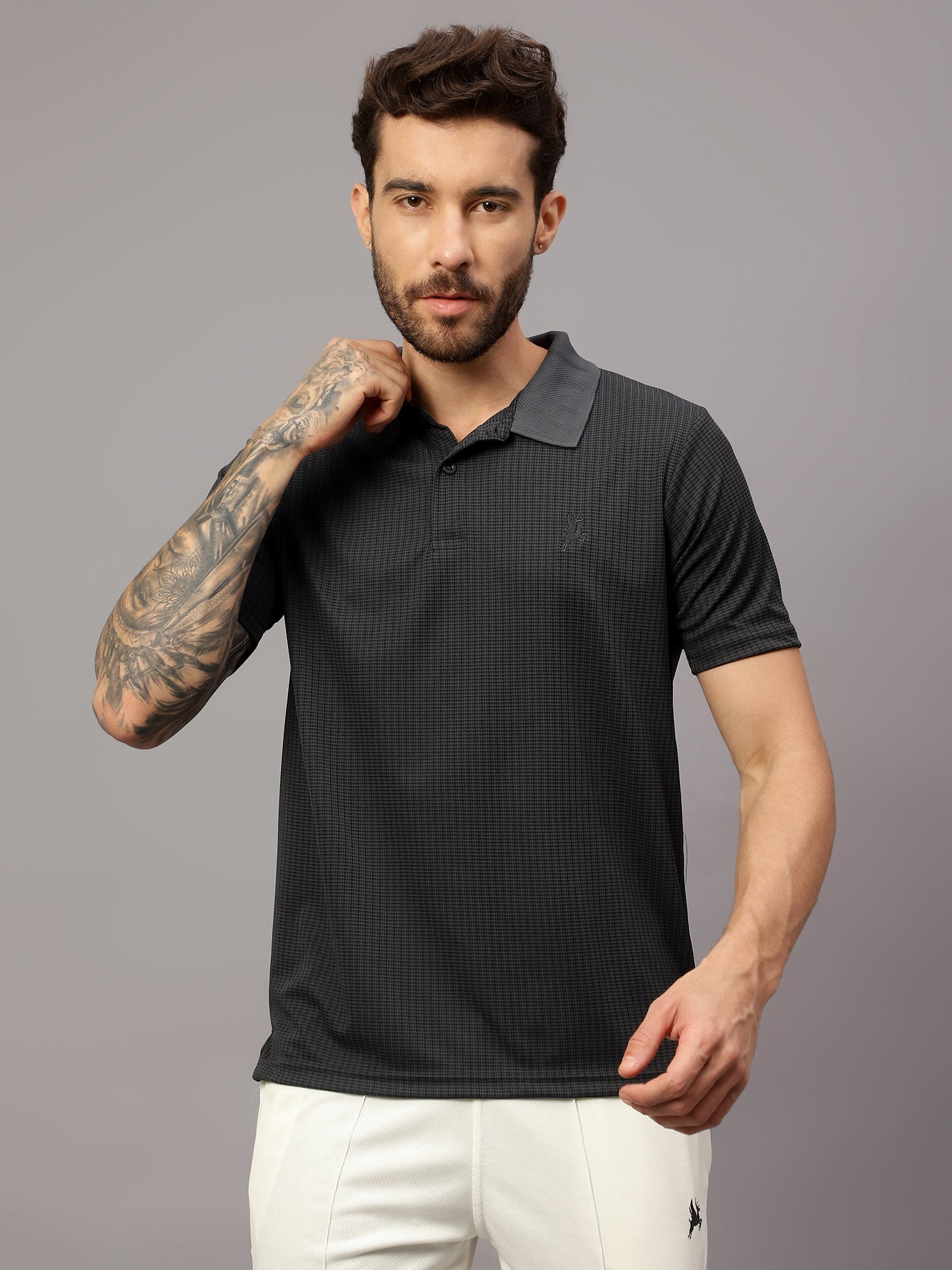 Textured Stripe Solid Sports Polo|Grey| - trenz Textured Stripe Solid Sports Polo|Grey| - trenz