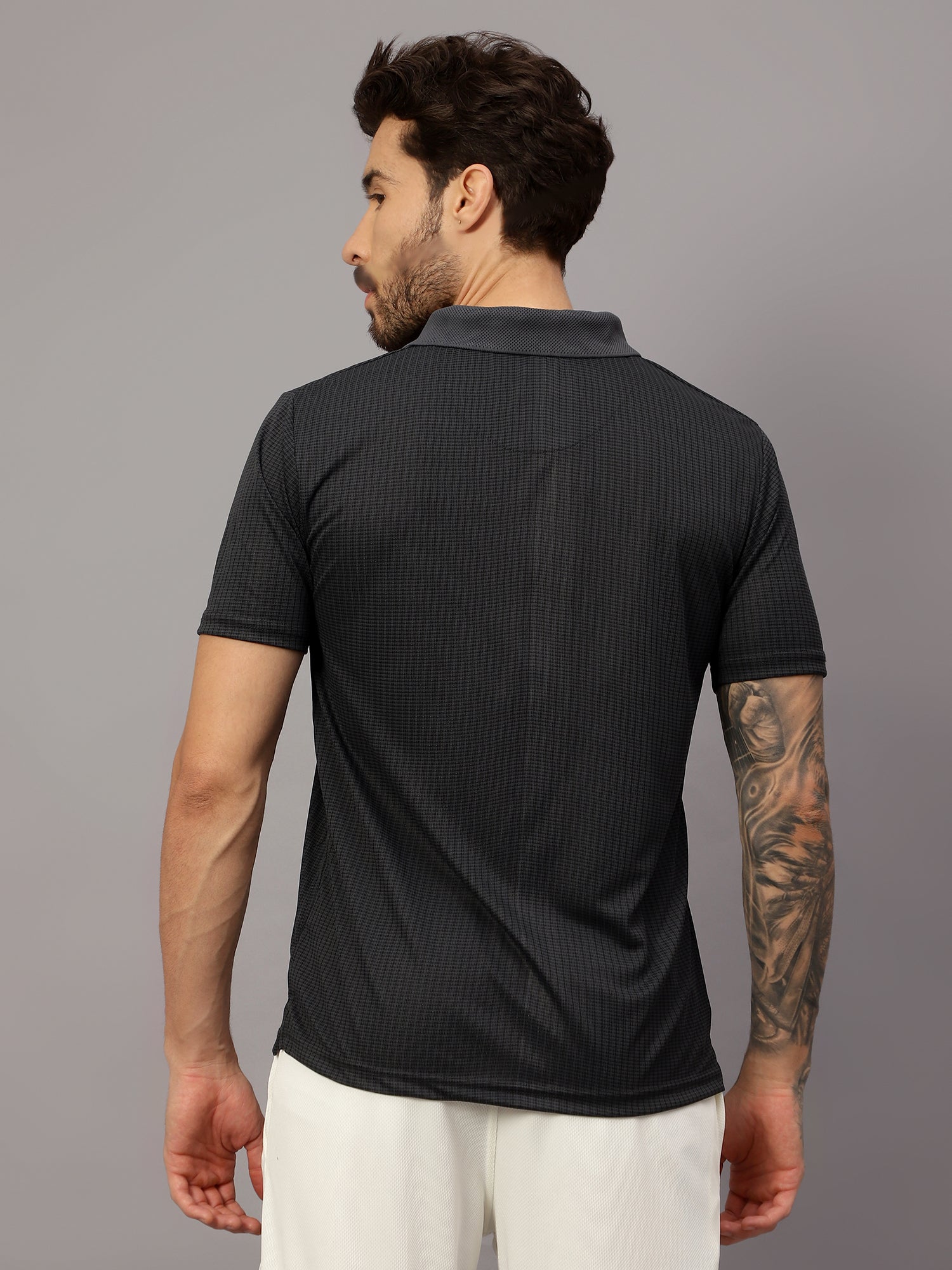 Textured Stripe Solid Sports Polo|Grey| - trenz Textured Stripe Solid Sports Polo|Grey| - trenz