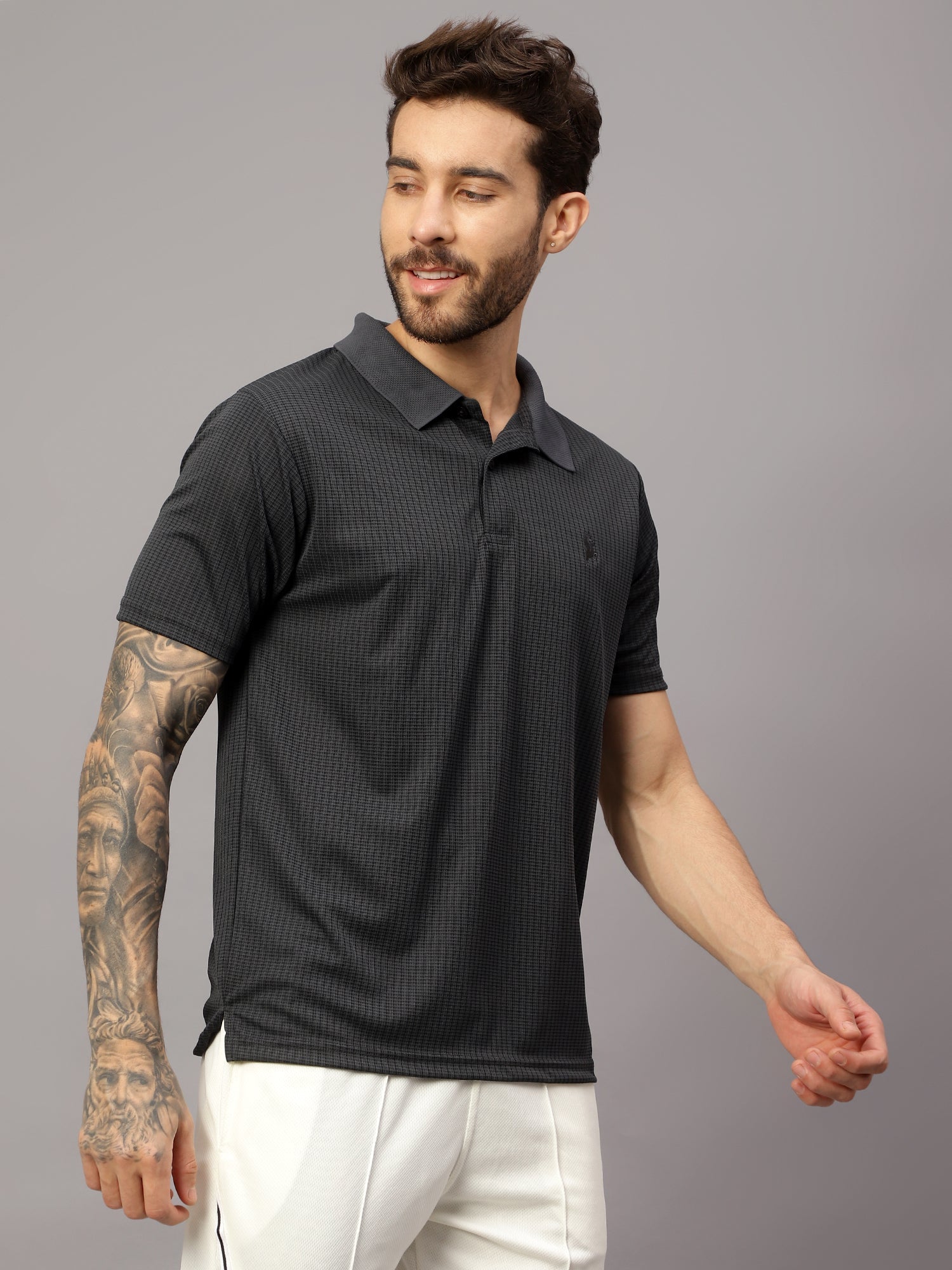 Textured Stripe Solid Sports Polo|Grey| - trenz Textured Stripe Solid Sports Polo|Grey| - trenz
