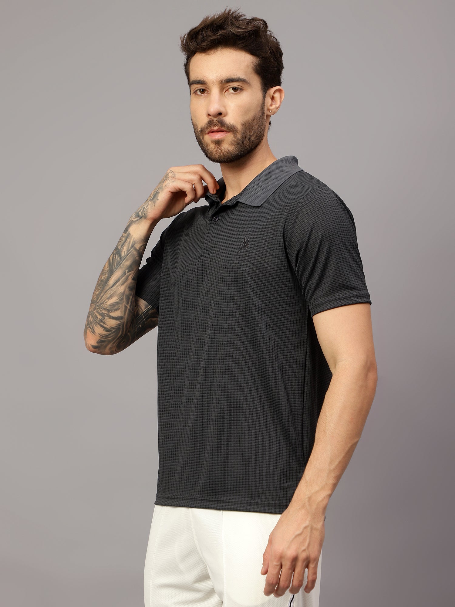 Textured Stripe Solid Sports Polo|Grey| - trenz Textured Stripe Solid Sports Polo|Grey| - trenz