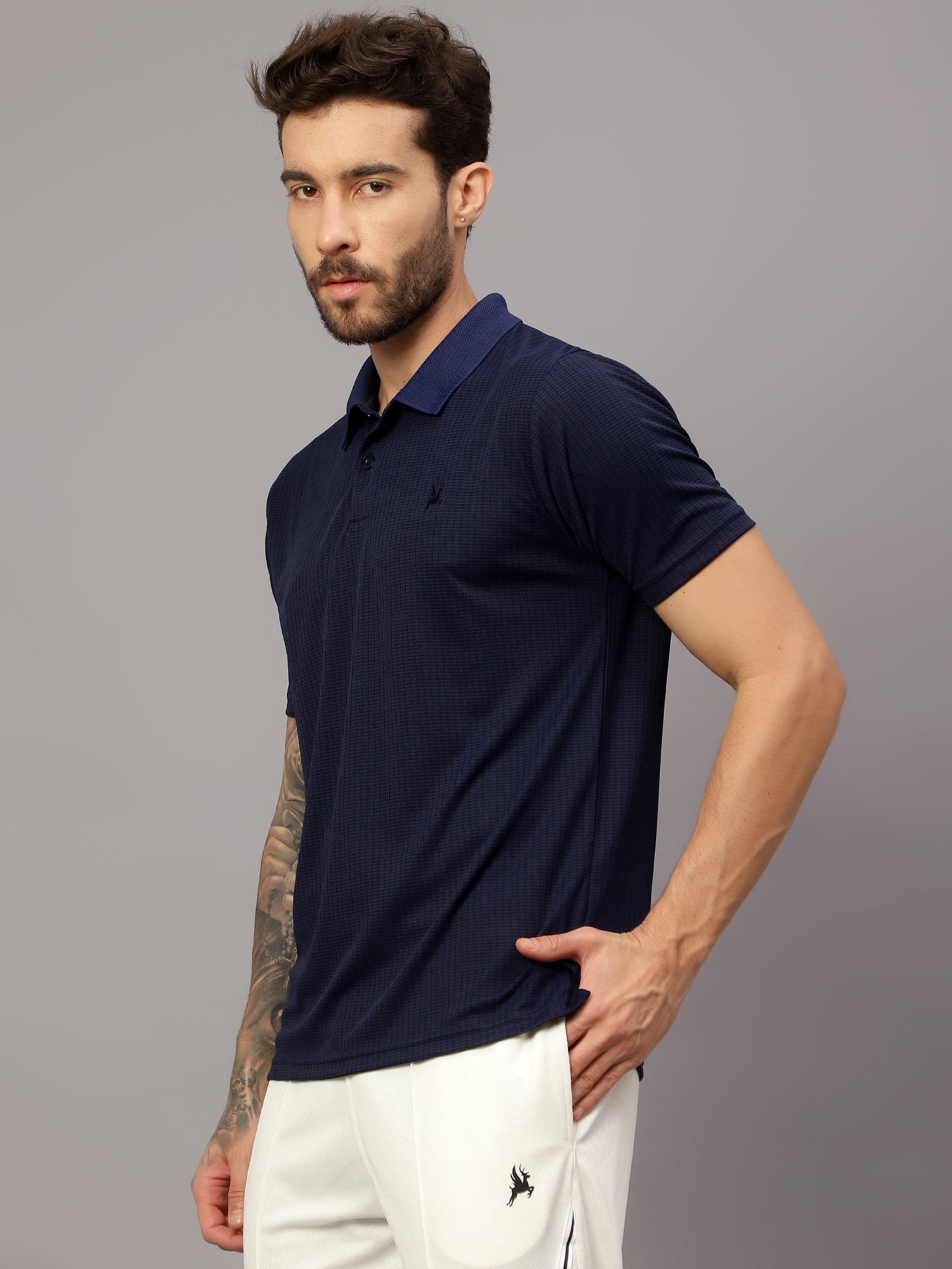 Textured Stripe Solid Sports Polo|Navy| - trenz Textured Stripe Solid Sports Polo|Navy| - trenz