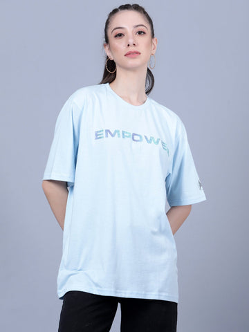 trenz women T- shirts Typography Printed Oversized T-Shirt Pale Blue