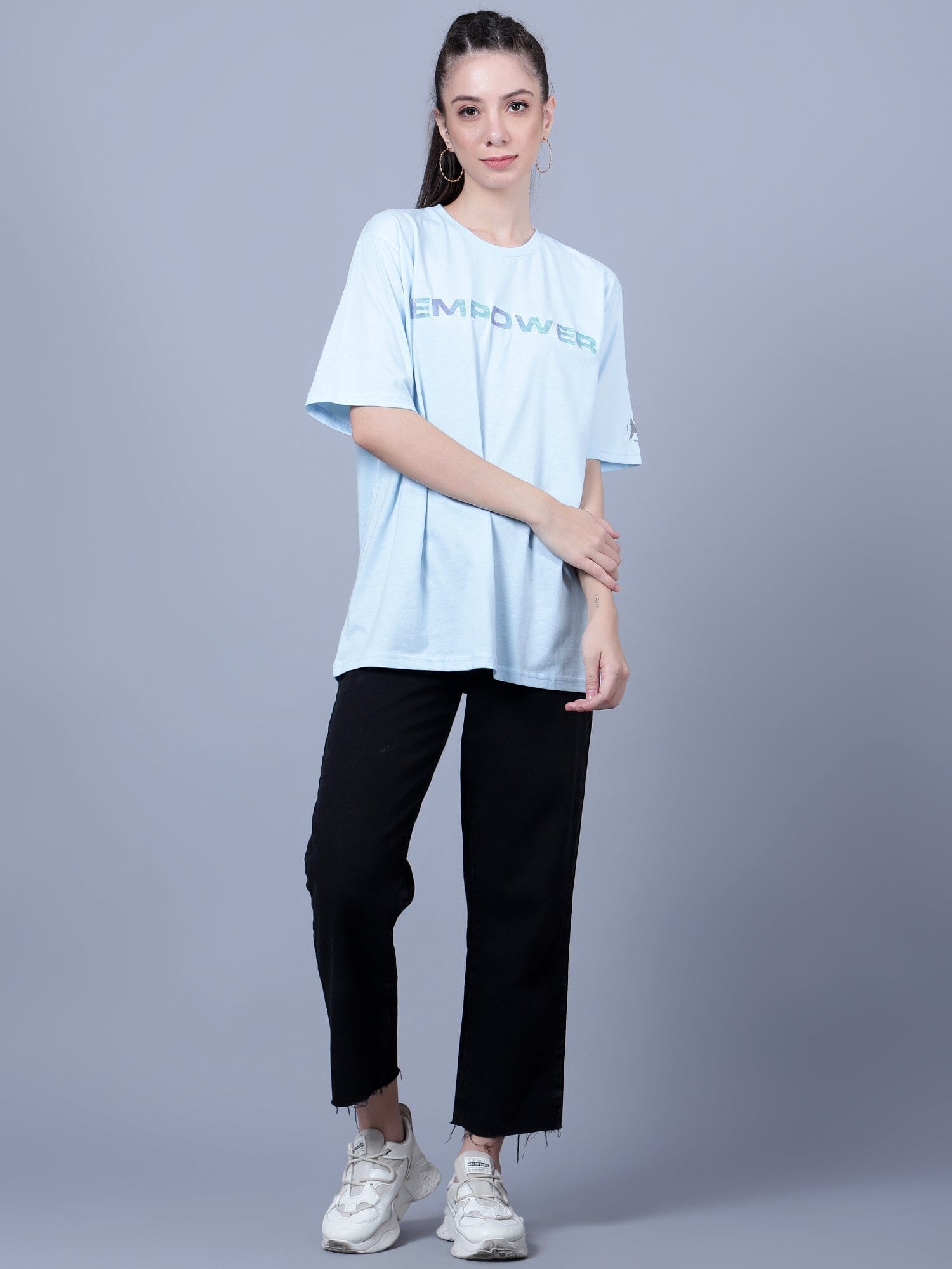trenz women T- shirts Typography Printed Oversized T-Shirt Pale Blue