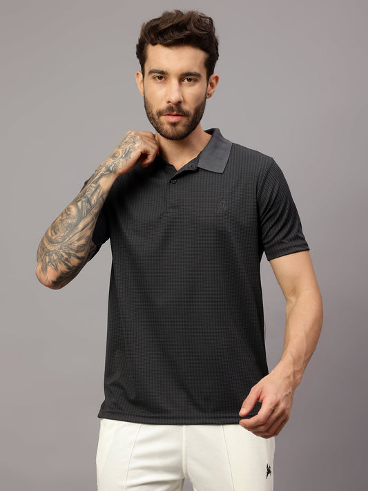 Textured Stripe Solid Sports Polo|Grey| - trenz