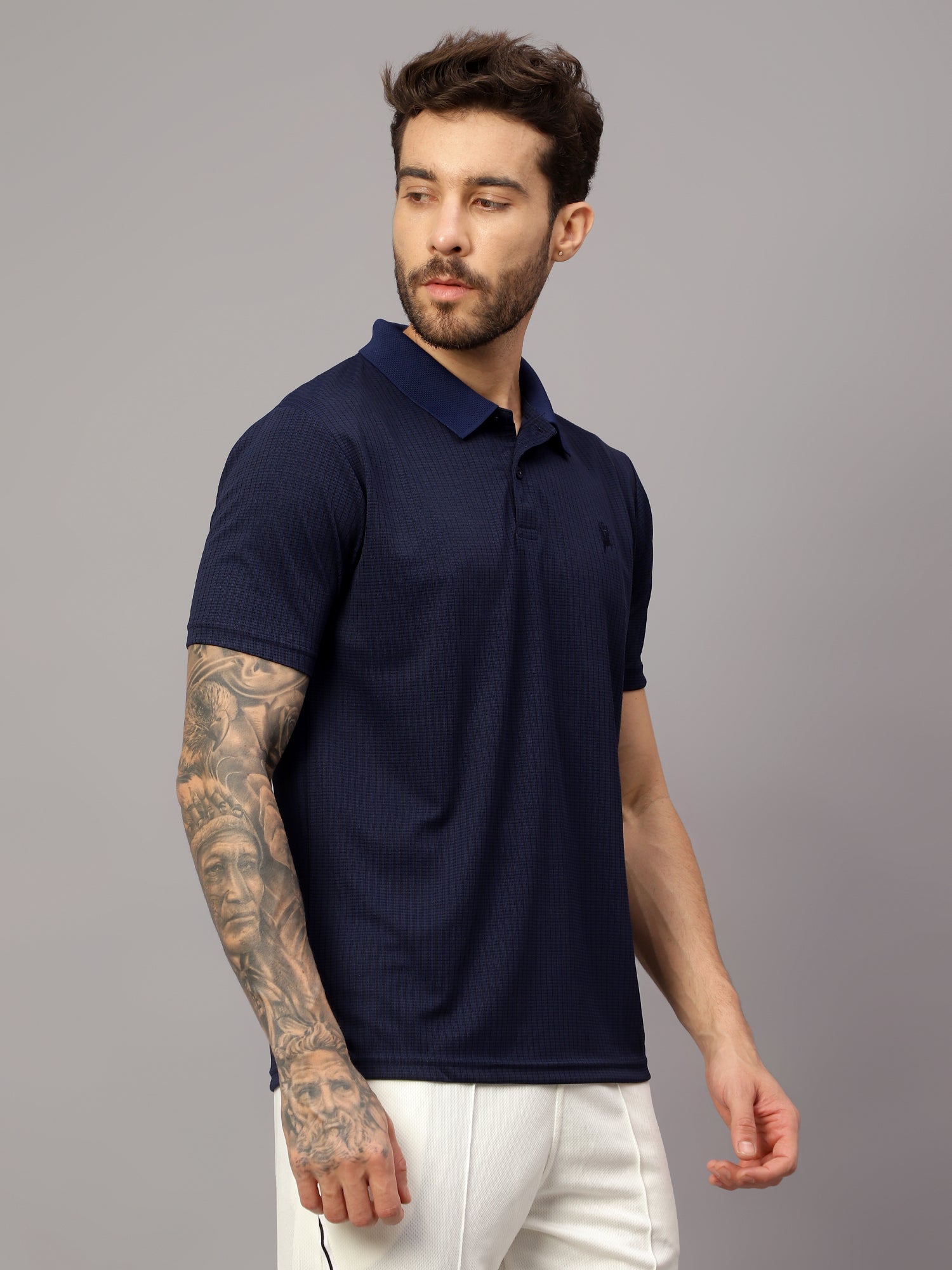 Textured Stripe Solid Sports Polo|Navy| - trenz