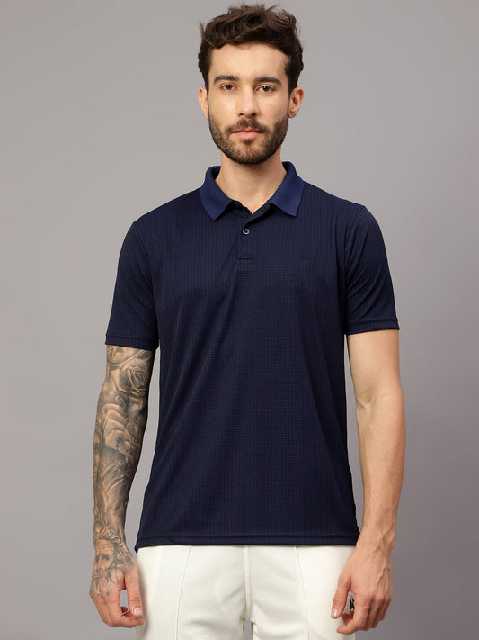 Textured Stripe Solid Sports Polo|Navy| - trenz